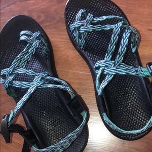Blue, teal and black Chaco’s